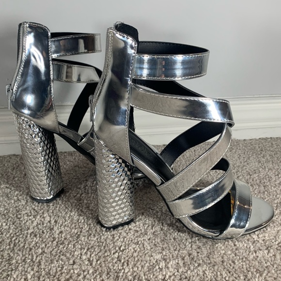Strappy Silver Heels with Chunky Heel, Worn Once - Picture 2 of 5